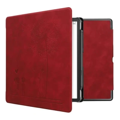 Afbeelding van kwmobile e reader hoesje geschikt voor Amazon Kindle Scribe hoes Ereader flip case met standaard Kunstleren cover Paardenbloemen Liefde design in donkerrood