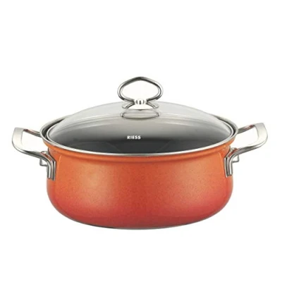 Afbeelding van Riess, 0655 034, braadpan met glazen deksel, NOUVELLE, CORALL, diameter 16 cm, hoogte 14,0 inhoud 1 liter, email, oranje, inductie