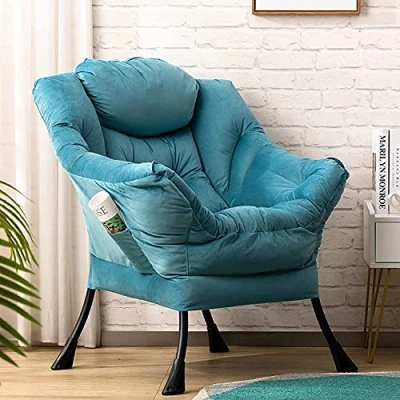 Afbeelding van HollyHOME Luie stoel lounge met armleuningen en zijvak relax fauteuil moderne fluwelen stof stalen frame, Lake Blue