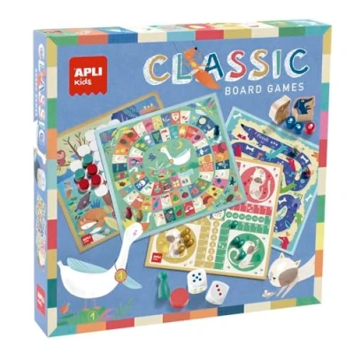 Afbeelding van APLI Kids 19147 4 in 1 spellen, set van klassieke geïllustreerde tafelspelen: gans, patch, trappen en strepen.