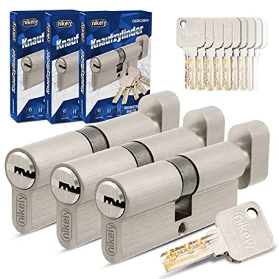 Afbeelding van GERCAR Pro Gelijksluitend, 3 knopcilinders, 30/30, set x cilindersloten met knop, inclusief 15 sleutels, 60 mm deurslot, cilinderslot, delige cilinder, lengte: mm. A: 30 B:30, messing, mat,