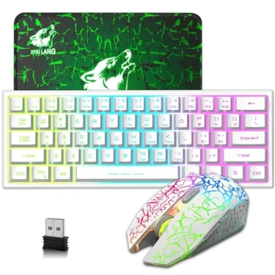 Afbeelding van 60% Compact Draadloze Gaming toetsenbord Muis Combo, 61 Sleutels 3800mAh Oplaadbaar RGB Backlit Keyboard, 2400DPI 6 Knop Regenboog Ademen Licht Mouse, Compatibel PC/Computer Wit