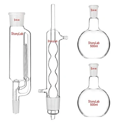 Afbeelding van stonylab 500 ml Soxhlet Type Extractieapparaat, Borosilicaatglas 45/40 Extractor met Allihn Condensor en 2 Platte Bodemkolven 24/40 Gewricht, Complete Eenheid