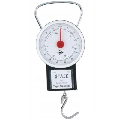 Afbeelding van STMK Veertrekweegschaal met meetlint, visweegschaal, bagageweegschaal analoog tot 32 kg incl. meetlint + gratis Petri Heil! Sticker