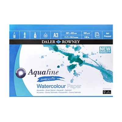 Afbeelding van Daler Rowney Aquafine gladde warmgeperste aquarel en gouache A3 300 g/m² papierblok, 1 zijde gelijmd, natuurlijk wit, 12 vellen, ideaal voor professionele beginnende kunstenaars studenten,