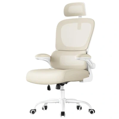 Afbeelding van SONGMICS bureaustoel, ergonomische mesh stoel, met dubbellaags mesh, opklapbare armleuningen, verstelbare lendensteun en hoofdsteun, schommelfunctie, zandbeige OBN041L01