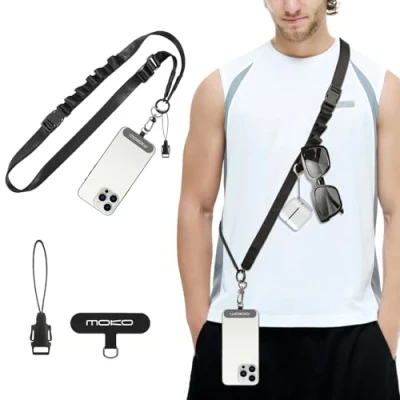 Afbeelding van MoKo Universal Phone Lanyard, Nylon Adjustable Cell Crossbody Strap Detachable Women &amp; Men Cellphone Lanyards Around the Neck with Patches for iPhone, Most Smartphones, Black