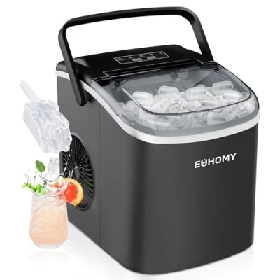 Afbeelding van EUHOMY IJsblokjesmachine, klein, 12 kg, ijsblokjesmaker, ijsmaker, 9 ijsblokjes in 6 minuten klaar, zwarte ijsblokjesmachine met draagbare handgreep, kg/24 uur, zelfreinigende