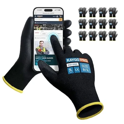 Afbeelding van KAYGO Werkhandschoenen, 12 paar, touchscreen, PU gecoat, beschermende handschoenen, antislip handgreep op handpalmen en vingers, geschikt voor doe het zelf algemeen werk, tuinieren (zwart, L, maat 9)