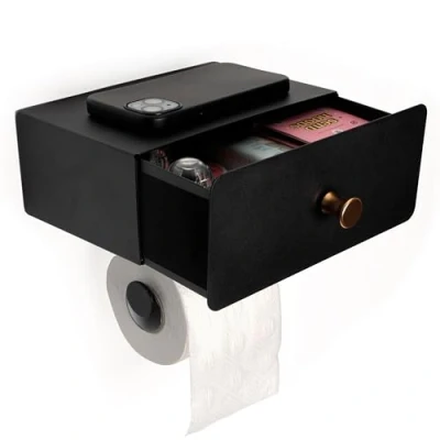 Afbeelding van Belle Vous wc rolhouder met plankje en lade Hangende toiletrolhouder Rvs zonder boren Zelfklevend of schroeven Zwart