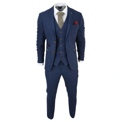 Afbeelding van Heren Blauw Tweed Geruit 3 delig Pak Maat 50 (Borst)