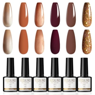 Afbeelding van ROSALIND Gel Nagellak 6 Kleuren Shellac Set Gellak Bruin Geel Glitter Soak Off UV/LED Nail Polish Art Manicure 8ml