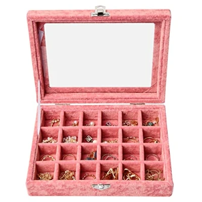 Afbeelding van 24 roosters fluwelen sieradenlade, afneembare sieraden showcase doos, oorbel opbergdoos met compartimenten, doorzichtige deksel display box lade voor ringbeugels ketting houder organizer