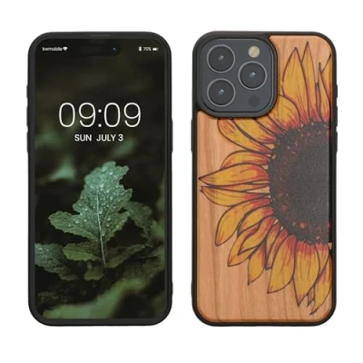 Afbeelding van kwmobile telefoonhoesje geschikt voor iPhone 15 Pro Max Hoesje met bumper hout In geel / donkerbruin lichtbruin Wood Sunflower design