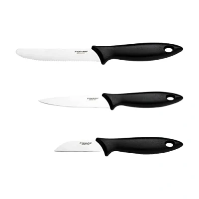 Afbeelding van Fiskars schilmesjesset, 3 stuks, schilmes, groentemes, tomatenmes, Essential, roestvrij staal/PP plastic, Zwart, 1065584