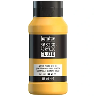 Afbeelding van Liquitex 8870383 Basics Fluid acrylverf met vloeiende consistentie, sneldrogend, lichtecht, waterbestendig, op waterbasis, fles van 118 ml, cadmiumgeel, donkere tint