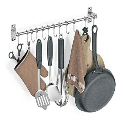 Afbeelding van Booxihome Wandmontage gebruiksvoorwerp, roestvrij staal opknoping keuken rail met 12 verwijderbare haken, hanger organizer voor gebruiksvoorwerp 50cm (20&quot;)