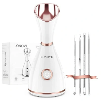Afbeelding van LOVONEE Gezichtsstoomboot voor gezichtsstomer gezichtsreiniging professionele thuis spa sauna sinussen warme nano ionische nevel verstuiver luchtbevochtiger met mee eters kit en haarband