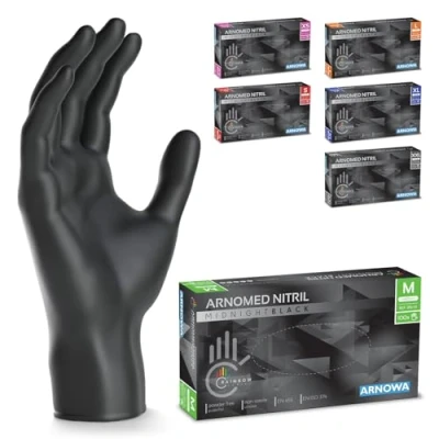 Afbeelding van ARNOMED wegwerphandschoenen zwart, nitril handschoenen M, 100 stuks per doos, poedervrij &amp; latexvrij, verkrijgbaar in maat XS, S, L, XL XXL