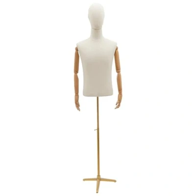 Afbeelding van Etalagepop, Mannequin Torso in hoogte verstelbaar, naaikop, paspop, buste voor mannen, met metalen standaard en armen van hout, Sew kledingwinkel (goud)