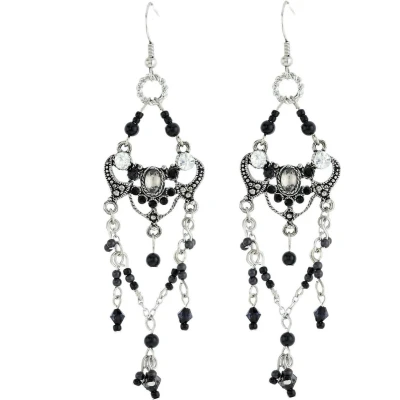 Afbeelding van Behave Vintage oorbellen met hanger, zwarte kraaltjes en steentjes