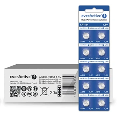 Afbeelding van everActive AG13 1,5 V, 200 stuks batterijen, alkaline, mini, G13 LR1154 LR44, 4 jaar houdbaarheid, 20 blisterkaarten