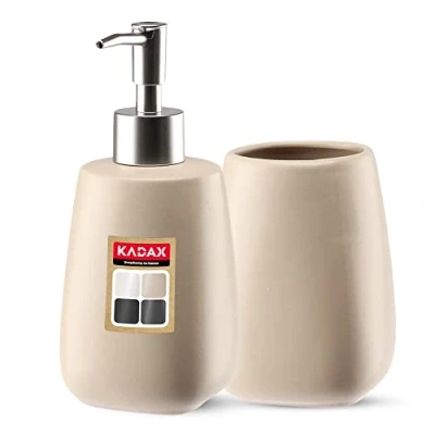 Afbeelding van KADAX 2 delige badkamerset van keramiek, badaccessoires, badkameraccessoires, zeepdispenser, badkamerbeker, zeepbakje en wc borstel (beker &amp; dispenser beige)