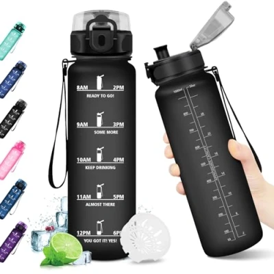 Afbeelding van KollyKolla drinkfles, 1 liter, lekvrije fitnessfles, BPA vrije motiverende waterfles met tijdstempel, sportwaterfles voor fitness, fietsen, wandelen, gym