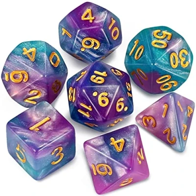 Afbeelding van Polyset Dice Dobbelstenen Set Van 7 Stuks Paars Blauw Groen Turqoise Glitters en Goud Polydice voor D&amp;D Andere Rollenspellen Plastic Dungeons and Dragons Polyhedral Zwarte Velvet Bag 3 Sets