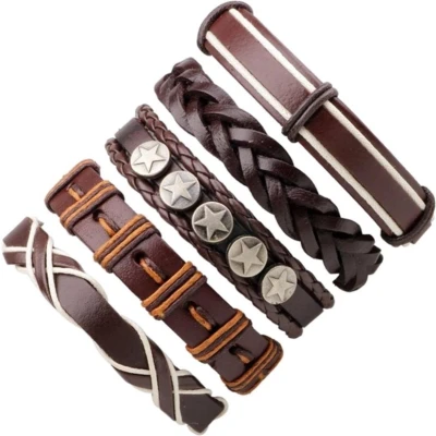Afbeelding van Fako Bijoux® Leren Armband Leder Set Deluxe 5 Stuks Bruin/Crème