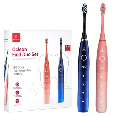 Afbeelding van Oclean Zoek Duo Set 2X Sonic elektrische tandenborstel, 5 modi met bleken, draagbaar, Dupont borstelkop, 180 dagen batterijduur, IPX7 waterdicht, 2 minuten timer en 30s herinnering, rood blauw