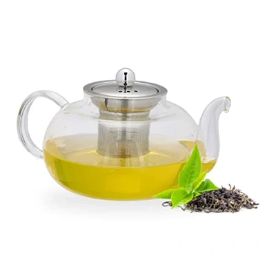 Afbeelding van Relaxdays theepot met filter 1 liter theekan die niet lekt theemaker borosilicaatglas