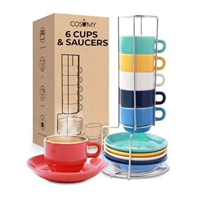 Afbeelding van Cosumy Espressokopjes met voet Set van 6 incl. schotels Stapelbaar Vaatwasmachinebestendig Keramisch gekleurd 75ml