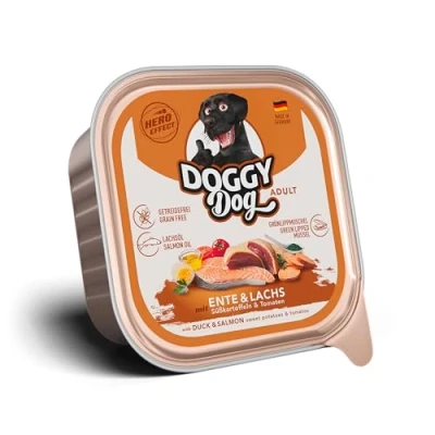 Afbeelding van DOGGY Dog Paté Eend &amp; Zalm, 10 x 150 g, natvoer voor honden, graanvrij hondenvoer met zalmolie en groenlipmossel, compleet voer zoete aardappel tomaat, Made in Germany
