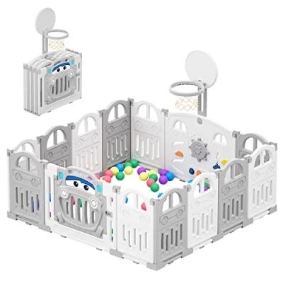 Afbeelding van UBRAVOO Opvouwbare babybox met mini basketbalring en 50 stuks gekleurde pitballen, autothema box voor baby&#039;s peuters, groot leuk indoor activiteitencentrum, EDP001 (14 panelen,Grijs Wit)