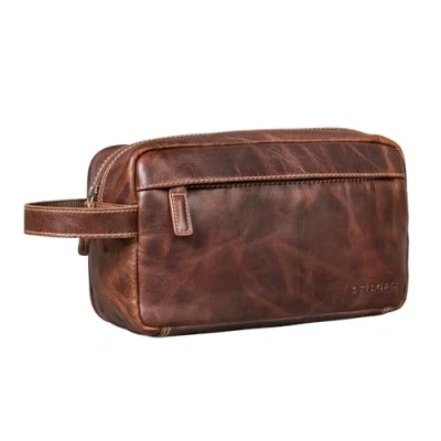 Afbeelding van STILORD Marbella toilettas voor heren, van echt leer, reis cosmeticatas, grote toilettas, make uptas met vakken, waterdicht, handbagage op reis, Salerno Bruin, Medium,