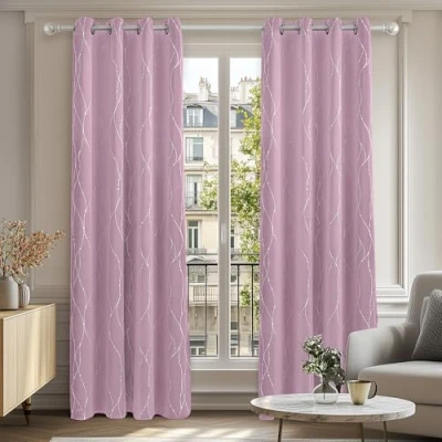 Afbeelding van Deconovo set van 2 verduisterende thermische gordijnen anti kou effen zilver patroon met oogjes geïsoleerde woonkamer modern design 117 x 183 cm lichtroze