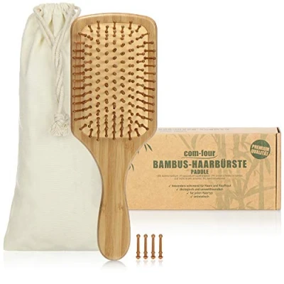 Afbeelding van COM FOUR® natuurlijke haarborstel van bamboe peddelborstel met haren voor natuurlijk mooi haar mannen, vrouwen, kinderen (1 stuk peddelborstel)