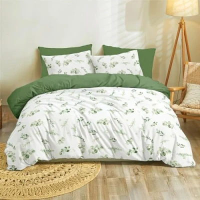 Afbeelding van Dreamzie dekbedovertrek 220x240cm met 2 kussenslopen 65x65 cm, saliegroen botanisch patroon, 220x240 beddengoed voor volwassenen bladmotief, tweepersoonsbedlinnen ritssluiting, Oeko TEX