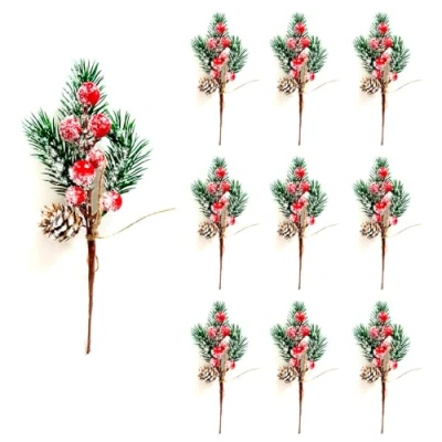 Afbeelding van RXXR 10 Stks Kerst Bessen Rode Stengels Evergreen Pine Takken Kunstmatige Dennenappels Hulst Stam Craft Ornamenten Sneeuwvlokken Pijnboom Picks