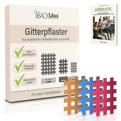 Afbeelding van BACKLAXX ® Rastertape, 120 stuks, premium kwaliteit, set in de maten type B, gratis uitgebreid e book met 60 toepassingsvoorbeelden, acupunctuurpleisters, kruistape, roosterpleisters