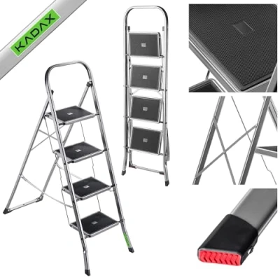 Afbeelding van KADAX Vouwladder van staal, trapladder met draagvermogen tot 150 kg, ladder klapbeveiliging, leuning antislip treden (4 treden)