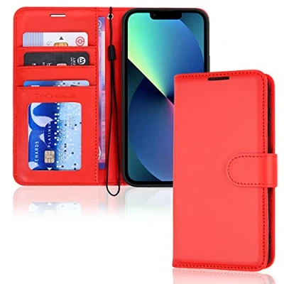 Afbeelding van TECHGEAR iPhone 13 Mini lederen portemonneehoesje, flip beschermhoes met portemonnee kaarthouder, standaard en polsband rood PU leer magnetische sluiting, ontworpen voor 5,4 inch