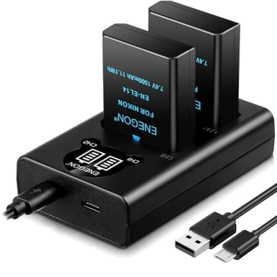 Afbeelding van ENEGON en EL14/EL14a vervangende batterij (2 pack) slimme LED dubbele oplader voor Nikon EL14/14a Coolpix P7000, P7100, P7700, P7800 DSLR D3100, D3200, D3300, D3400, D3500, D5100, D5200, D5300, D5500, D5600, Df.