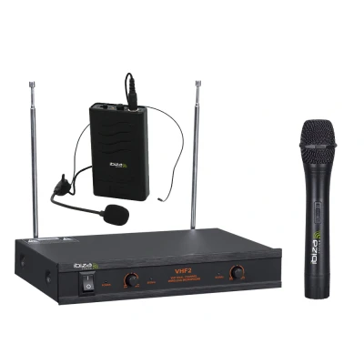 Afbeelding van Ibiza VHF2H Draadloos microfoonsysteem met 1 VHF handmicrofoon, headset microfoon en ontvanger 2 kanalen 203.5 &amp; 207.5MHz Zwart