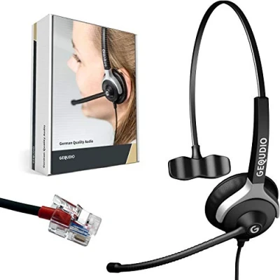 Afbeelding van GEQUDIO Headset compatibel met Yealink, Snom, Avaya, Grandstream telefoon, inclusief RJ kabel, hoofdtelefoon en microfoon reservebekleding, bijzonder licht 60 g (1 oor)