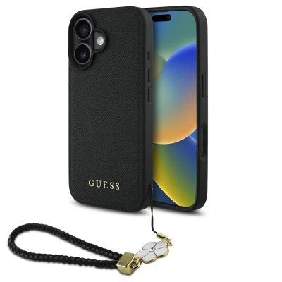 Afbeelding van Guess Hoesje Geschikt voor iPhone 16 Met Koord Backcover MagSafe Grained Flower Charm Strap Zwart