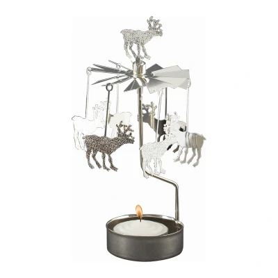 Afbeelding van Pluto Produkter Waxinelichthouder Rotary Kerst Draaiend Rendieren Zilver Ø7x17cm