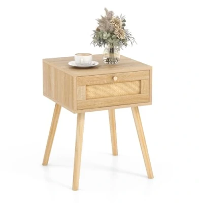 Afbeelding van COSTWAY nachtkastje, rotan, bijzettafel met lade, voor slaapkamer, woonkamer, eiken, 40 x 55 cm