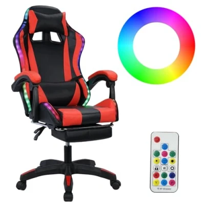 Afbeelding van cadciehe gamingstoel met Bluetooth compatibele luidsprekers en RGB LED verlichting, ergonomische massagecomputer in hoogte verstelbare videogamestoel hoge rugleuning lendensteun,